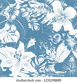 Seamless pattern botanical repeat white ylang-ylan,lilly,Hibiscus flowers on blue abstract background.Vector illustration hand drawning doodle.For used wallpaper design,textile fabric,wrapping paper