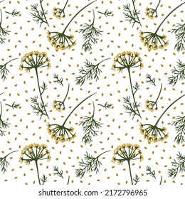 Seamless pattern with botanical set of fennel elements for printing on textile and packaging products. Medicinal plant. Cooking ingredient for culinary menu. Freehand drawing