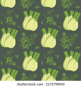 Seamless pattern with botanical set of fennel elements for printing on textile and packaging products. Medicinal plant. Vegetarian food. Cooking ingredient for culinary menu. Сartoon illustration