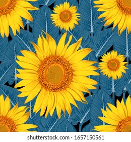 Seamless pattern botanical Sunflower flowers and green ornament leaf on isolated background.Vector illustration watercolor hand drawning style.For fabric texture design