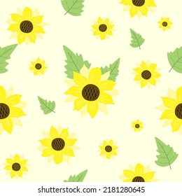 Seamless pattern botanical Sunflower flowers and green ornament leaf on isolated background. illustration vector 10 eps.