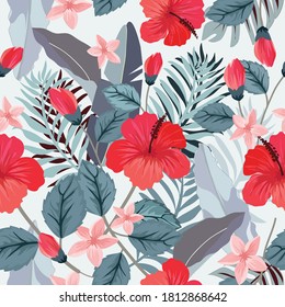 Seamless pattern botanical tropical flower and leaf,illustation vector doodle comic art.