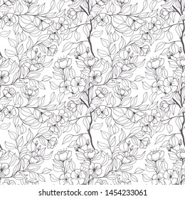 Seamless pattern botanical vector illustration. branches with flowers of apple tree leaves. hand drawing