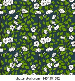  Seamless pattern botanical vector illustration. branches with flowers of apple tree leaves. hand drawing