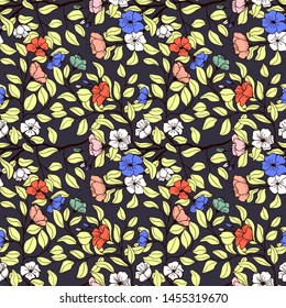  Seamless pattern botanical vector illustration. branches with flowers of apple tree leaves. hand drawing