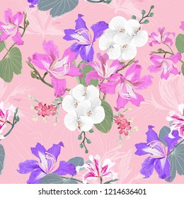 Seamless pattern botanical with white Orchid and Pink wild flowers on pastel abstract background.