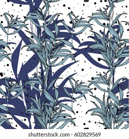 Seamless pattern of botany. Leaves of plants of different sizes and shapes. Stylish background with plants.