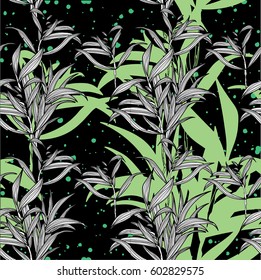Seamless pattern of botany. Leaves of plants of different sizes and shapes. Stylish background with plants.