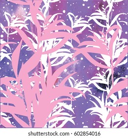 Seamless pattern of botany. Leaves of plants of different sizes and shapes. Stylish multi-colored background with plants. Texture of watercolor paint.