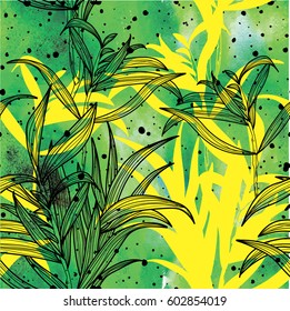 Seamless pattern of botany. Leaves of plants of different sizes and shapes. Stylish multi-colored background with plants. Texture of watercolor paint.