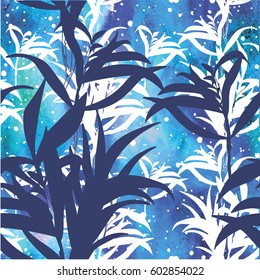 Seamless pattern of botany. Leaves of plants of different sizes and shapes. Stylish multi-colored background with plants. Texture of watercolor paint.