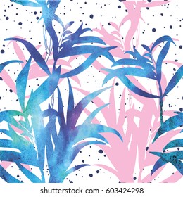 Seamless pattern of botany. Leaves of plants of different sizes and shapes. Stylish multi-colored background with plants. Texture of watercolor paint.