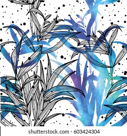 Seamless pattern of botany. Leaves of plants of different sizes and shapes. Stylish multi-colored background with plants. Texture of watercolor paint.