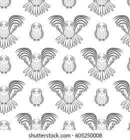 Seamless pattern with both flying and sitting owl in geometric order. Stock vector illustration of a bird for textile, fabric, wallpaper.