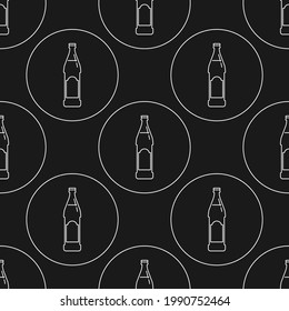 Seamless pattern of bottle of beer in flat style in form of thin lines. In the form of background is circle. Repeat wallpaper pattern beverages. Vector black and white template for restaurant party.
