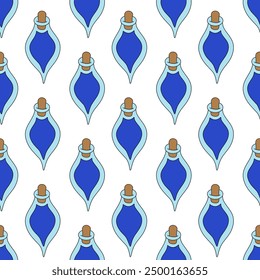 Seamless Pattern. Bottle of blue poison with cork. Halloween witch equipment background. Vector flat illustration.