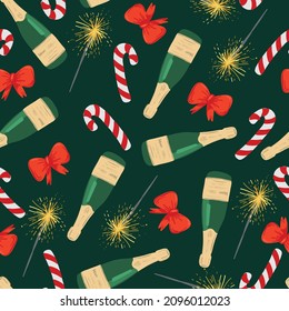 Seamless pattern with bottle of champagne and bow and sparkler. Party background for textile, fabric, web, wrapping paper, card, socks and other design.