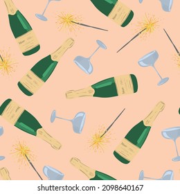 Seamless pattern with bottle of champagne and glass and sparkler. Party background for textile, fabric, web, wrapping paper, card, socks and other design.