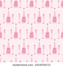 Nahtloses Muster mit einer Flasche Champagner und Brille. Handgezeichnet, flache Vektorgrafik auf rosafarbenem Hintergrund. Ideal für Feiern, Feiern und Geburtstagsthemen.	