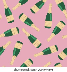 Seamless pattern with bottle of champagne. Party background for textile, fabric, web, wrapping paper, card, socks and other design.