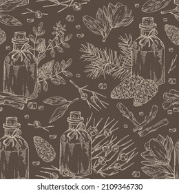 Seamless pattern with bottle with essential oils: magnolia grandiflora oil, licorice essential oil, pine tree cone, ephedra. Cosmetic, perfumery and medical plant. Vector hand drawn illustration
