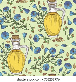 Seamless pattern with bottle of flax oil  and flax flowers and seeds. Vector hand drawn illustration