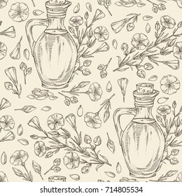 Seamless pattern with bottle of flax oil and flax flowers and seeds. Vector hand drawn illustration