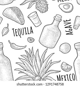 Seamless pattern of bottle, glass tequila, salt, cactus and slice lime on white background. Vintage black vector engraving illustration for label, poster, web, invitation to party.