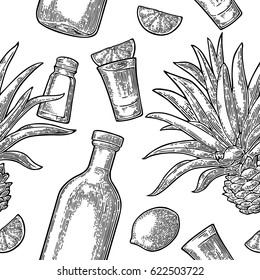 Seamless pattern of bottle, glass tequila, salt, cactus and slice lime on white background. Vintage black vector engraving illustration for label, poster, web, invitation to party.