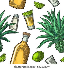 Seamless pattern of bottle, glass tequila, salt, cactus and slice lime on white background. Vintage color vector engraving illustration for label, poster, web, invitation to party.