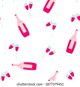 
Seamless pattern with a bottle and glasses of wine in pink on a white background. For kitchen textiles, packaging, postcards, designs. Valentine's day element. Vector