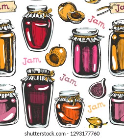 Seamless pattern with bottle jam on the whte background