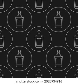 Patrón inexorable de botella de licor en forma plana en forma de líneas delgadas. En forma de fondo es círculo. Repite las bebidas con papel pintado. Plantilla en blanco y negro para la fiesta en el pub del restaurante
