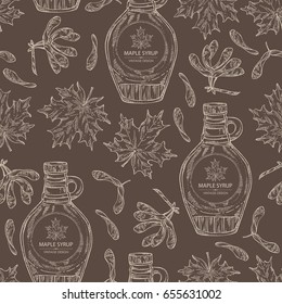 Seamless pattern with a bottle of maple syrup and maple leaves. Vector hand drawn illustration.