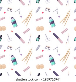 Seamless pattern with a bottle of nail polish and manicure tools. Cute print for beauty salon and fashion master. Hand health care. Vector flat illustration.