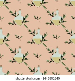 Seamless pattern with a bottle of olive oil with olive branches