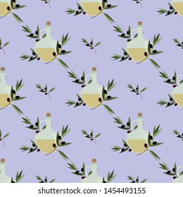 Seamless pattern with a bottle of olive oil with olive branches, on a blue background.