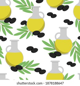 patrón ininterrumpido de botella de aceite de oliva con negro 
bayas y vidas verdes. El concepto de comida ecológica y saludable.  Ilustración corta en estilo plano