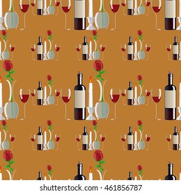 Seamless pattern of a bottle of red wine, glasses, candles and roses. Romantic dinner. Vector EPS 10.