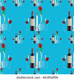 Seamless pattern of a bottle of red wine, glasses, candles and roses. Romantic dinner. Vector EPS 10.