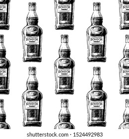 Seamless pattern with Bottle of Scotch whisky in vintage engraved style on white background. Distilled beverage.