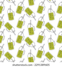 Seamless pattern with a bottle of smoothie in doodle style. Vector illustration.