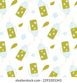 Patrón sin incandescencias con una botella de smoothie de estilo plano. Ilustración vectorial. Impresión con limonada, limonada o cóctel.