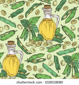 Seamless pattern with bottle of soybean oil, soy plant and soya beans. Vector hand drawn illustration.