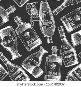 Seamless pattern with bottles of alcohol. Vector illustration in vintage engraved style. Inscription on the bottle in Japanese: nihonshu (日本酒, "Japanese liquor")