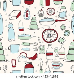 seamless pattern with bottles, cakes and cups. Doodle bright elements