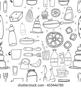 seamless pattern with bottles, cakes and cups. Doodle. Black and white