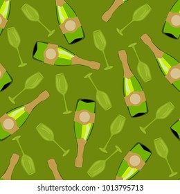 Seamless pattern from bottles of champagne and glasses on a green background