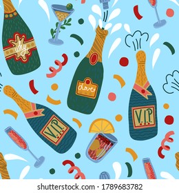 Patrón inmaculado con botellas de champán y gafas. Vector