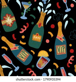 Patrón inmaculado con botellas de champán y gafas. Vector